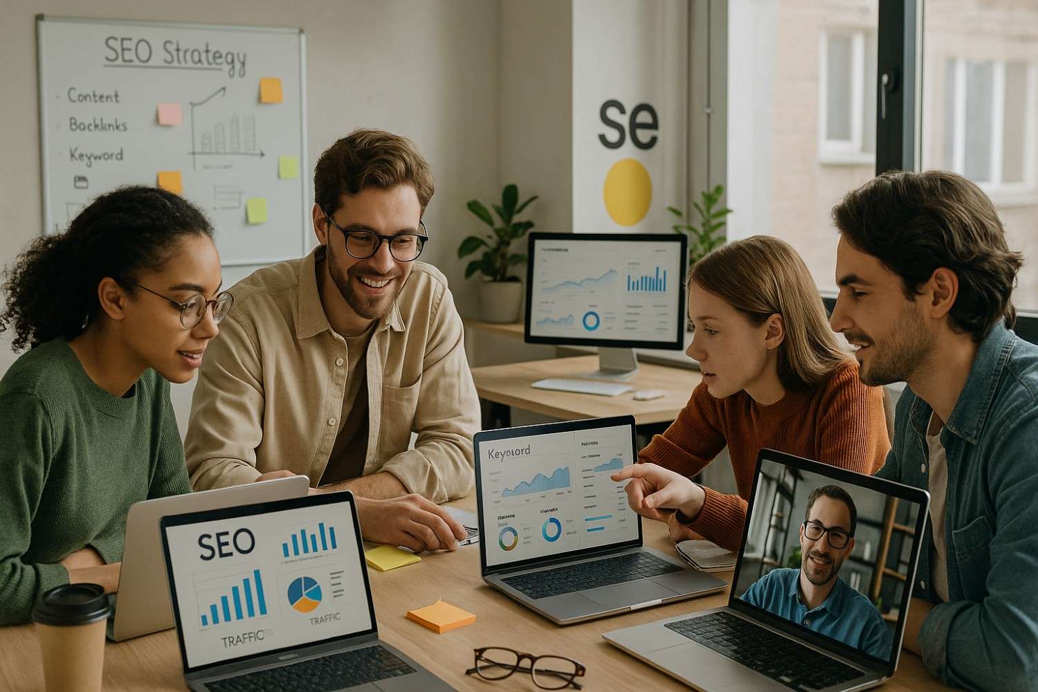 Startup team discussing SEO outsourcing for startups on a video call