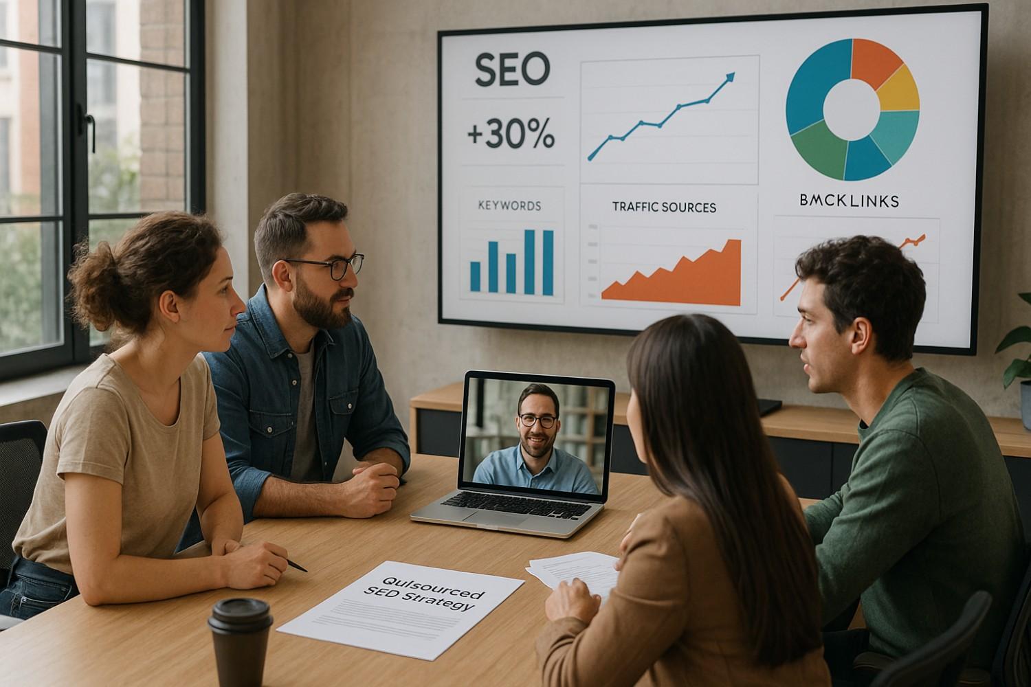 Why startups outsource SEO services to remote experts — performance analysis in a modern office setup