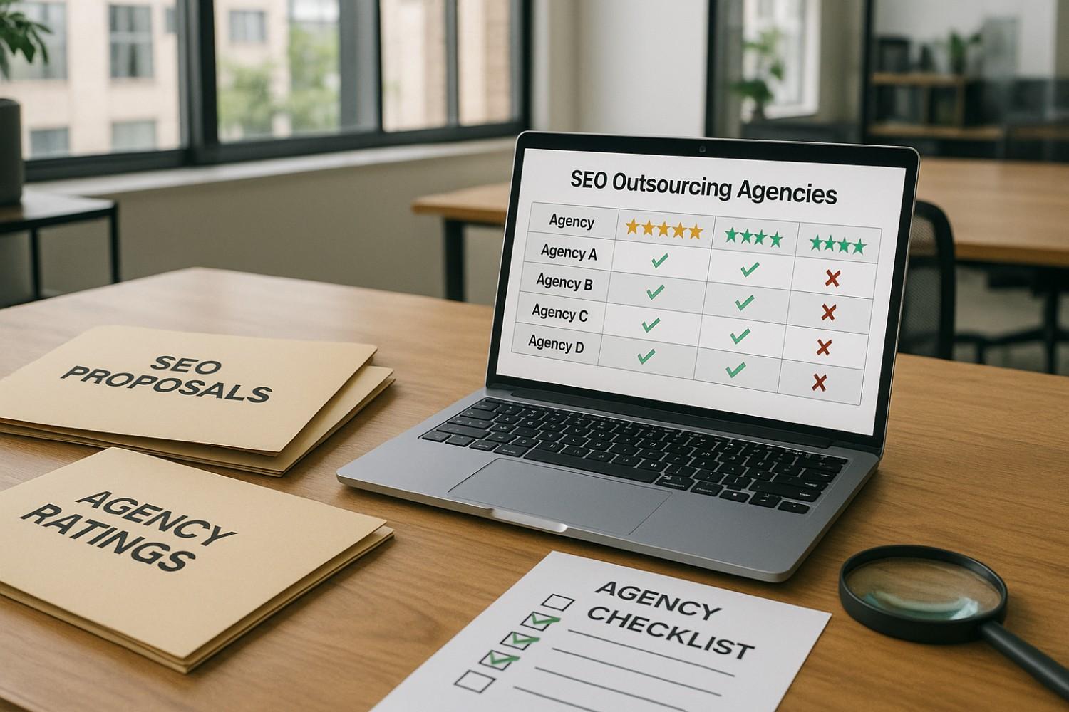 Choosing the right SEO outsourcing agency for your startup with comparison charts and agency ratings.