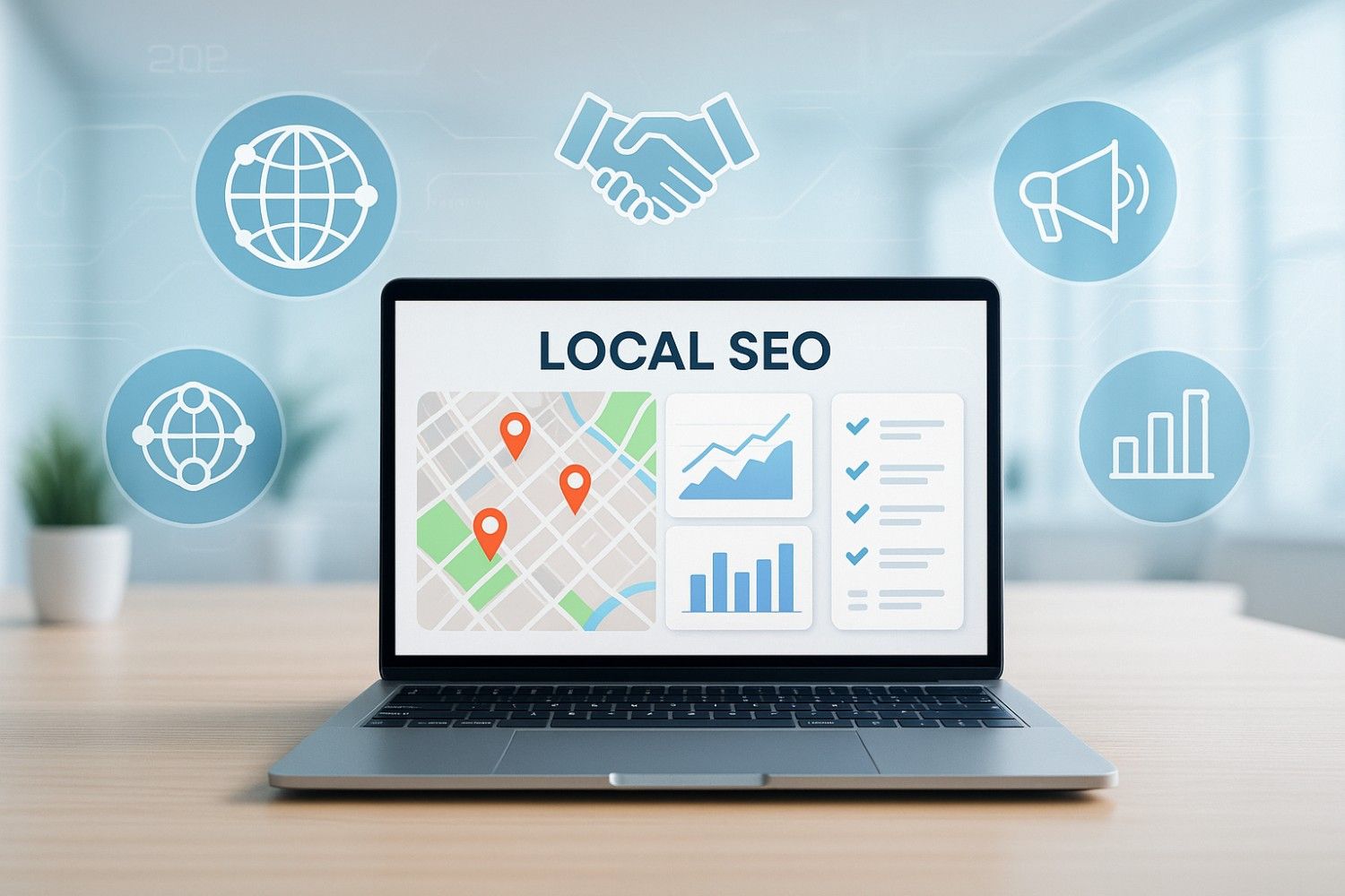 Local SEO outsourcing dashboard with maps and analytics on a laptop screen.