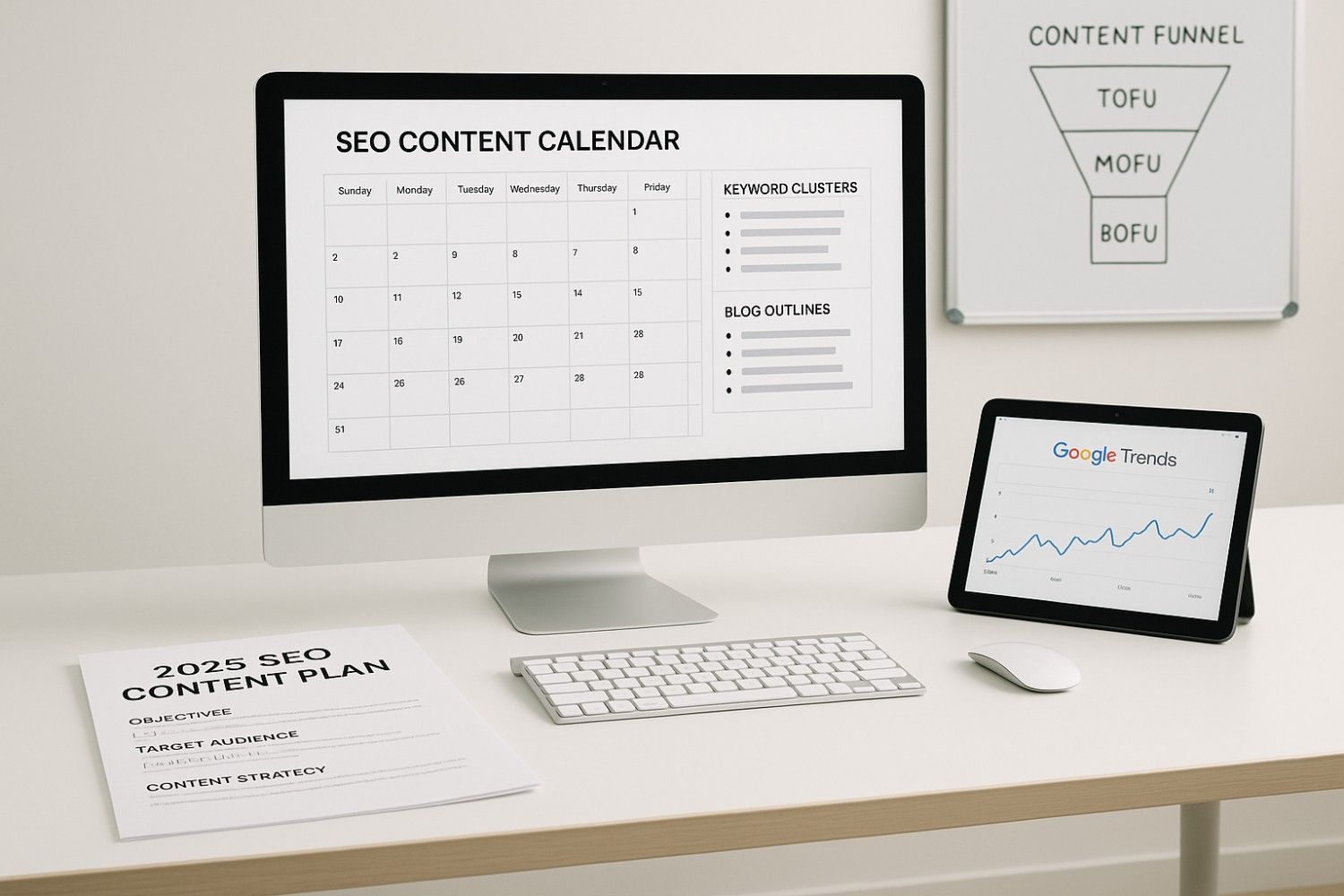 SEO content strategy workspace featuring 2025 content calendar, keyword plan, and blog structure.